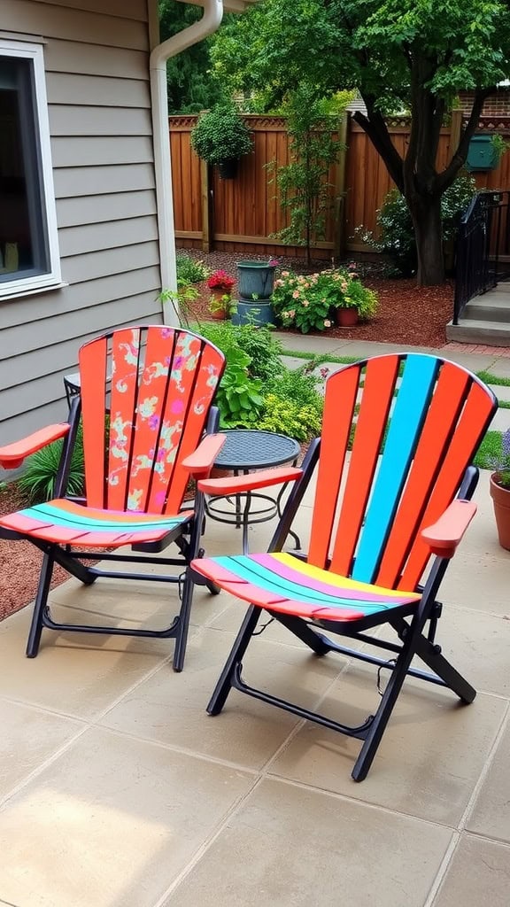 Two bright orange Adirondack chairs with colorful patterns sit on a patio next to a small round table, surrounded by a garden with plants and flowers.