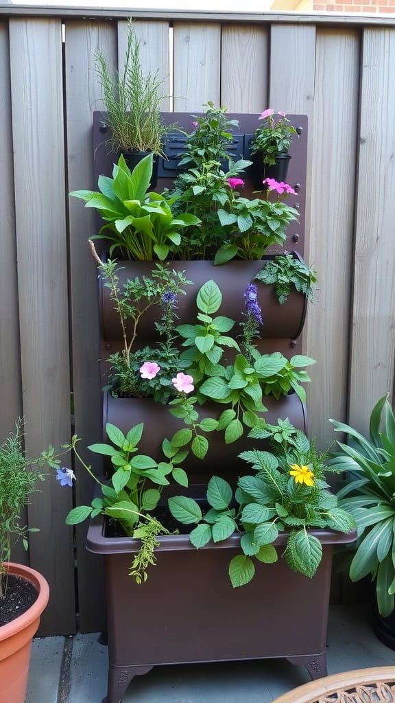 A vertical garden with multiple tiers of brown planters filled with various green plants and colorful flowers, set against a wooden fence.
