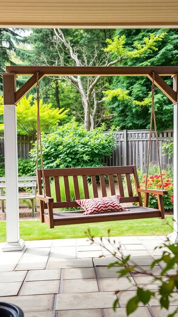 A wooden porch swing with a red and white chevron-patterned pillow sits suspended by chains, overlooking a lush green backyard with trees and a wooden fence.