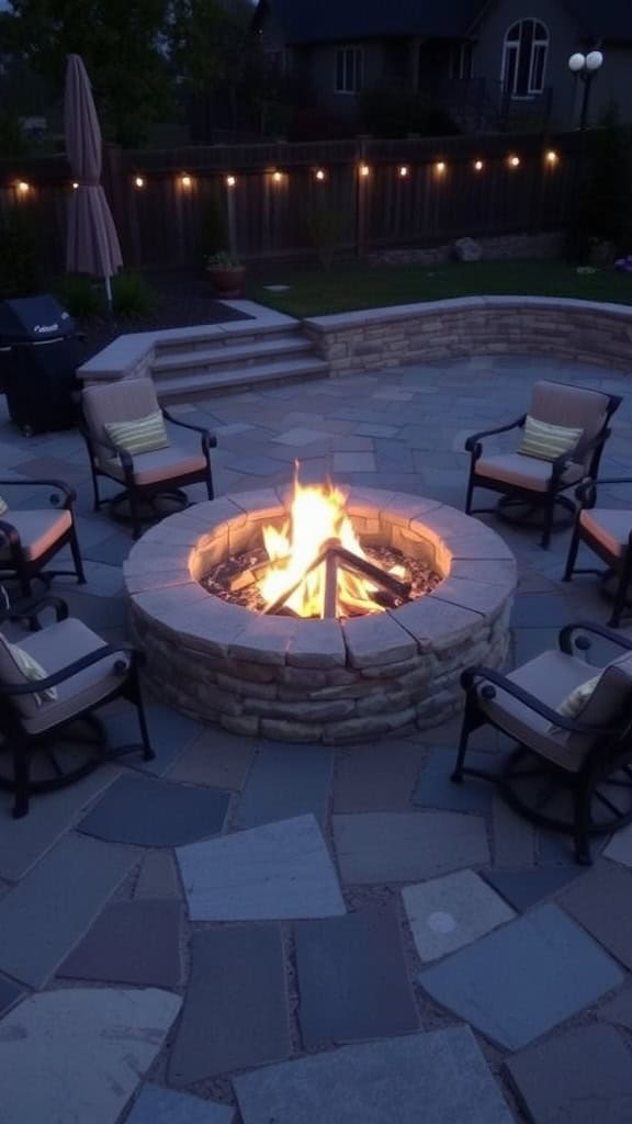 A backyard patio with a central stone fire pit surrounded by cushioned chairs, with string lights hanging along the fence and a grill in the corner.