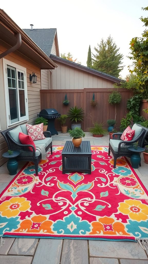 A colorful outdoor patio with a vibrant red, blue, and yellow floral patterned rug, two wicker chairs with cushions, a small table, and various potted plants along a wooden fence backdrop.