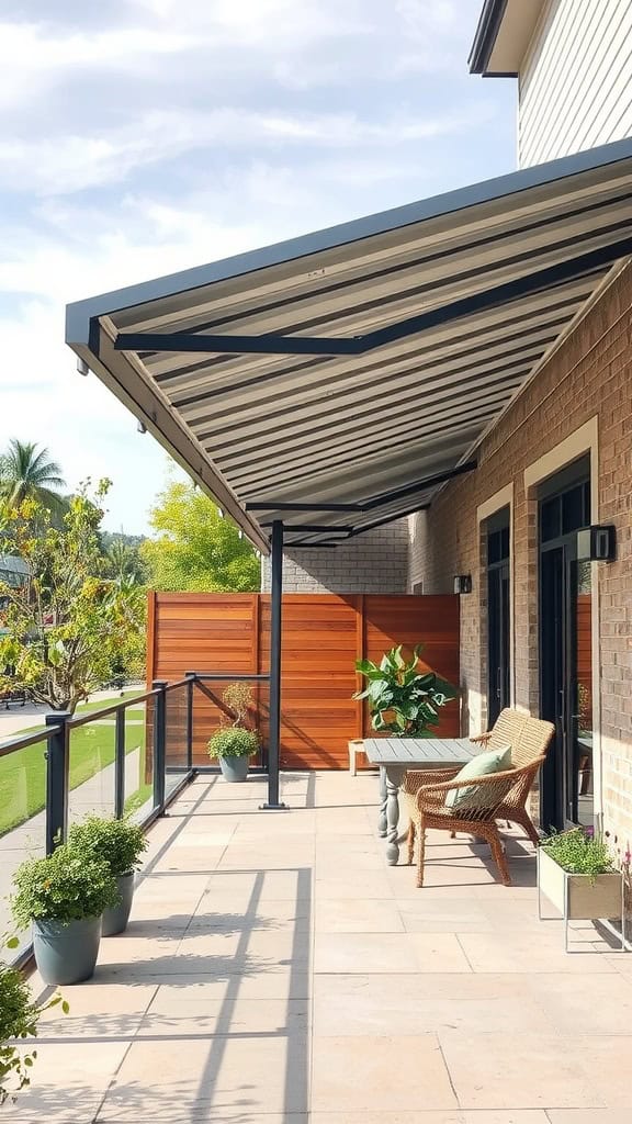 A sunlit patio area with a slanted metal roof, wicker chair, potted plants, and wooden privacy screens, overlooking greenery.
