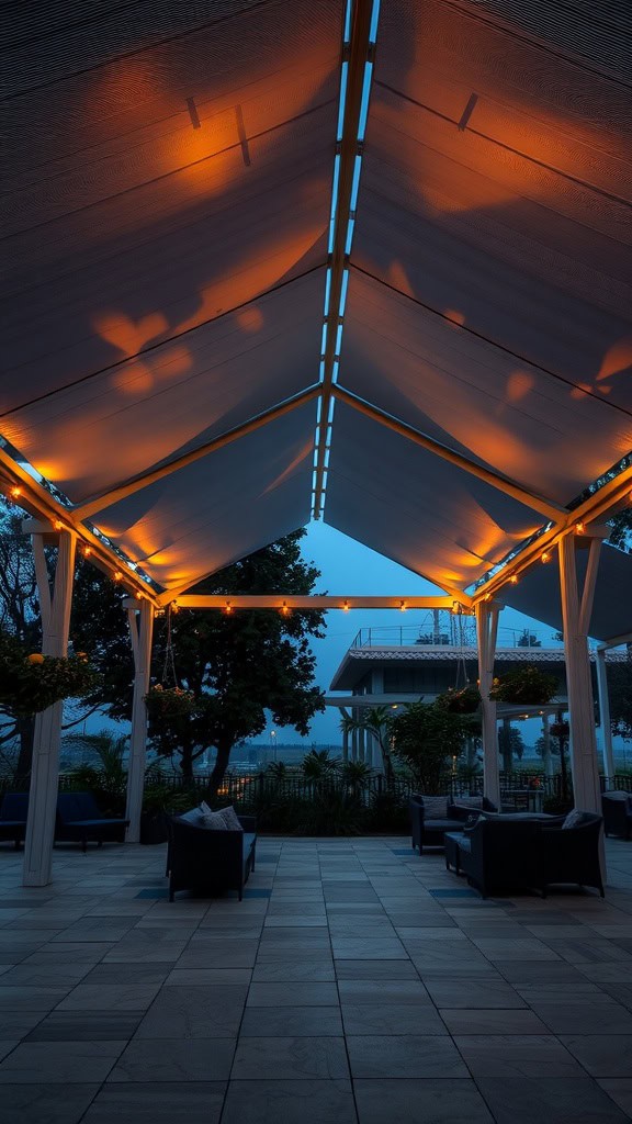 An outdoor seating area with a large white canopy overhead illuminated by warm lights. The setting includes comfortable dark-colored sofas and chairs on a tiled floor, surrounded by trees and foliage. The evening sky appears blue in the background, creating a serene ambiance.