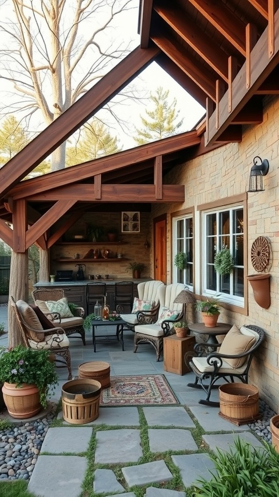 A cozy outdoor patio with wooden furniture, including chairs and a table, set on stone flooring with greenery and potted plants. The area is partially covered by a wooden roof attached to a stone wall with large windows.