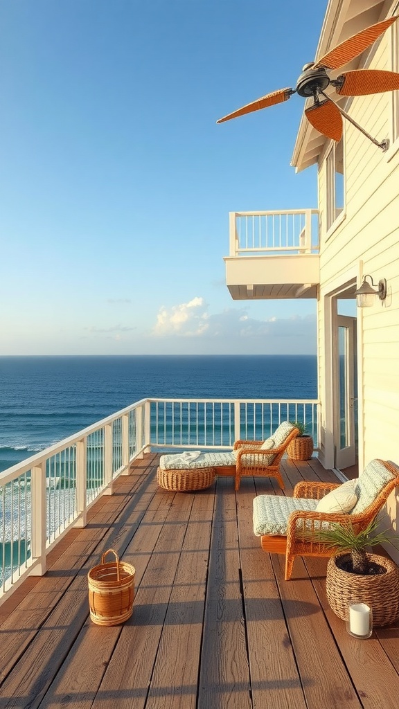 A seaside balcony with wicker furniture, including chairs and a stool, overlooking a vast ocean under clear blue skies, with a ceiling fan above.