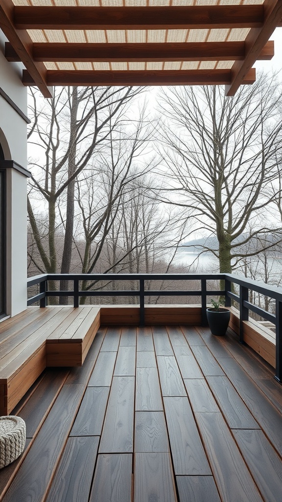 A wooden patio with built-in benches and a pergola roof, surrounded by bare trees, offering a view of a lake in the distance.