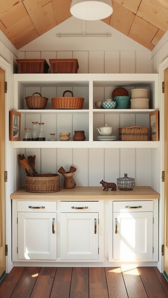 A cozy kitchen nook with white cabinets and open wooden shelves, filled with various wicker baskets, glass bottles, pottery, and kitchenware, against a light gray paneled wall under a sloped ceiling.