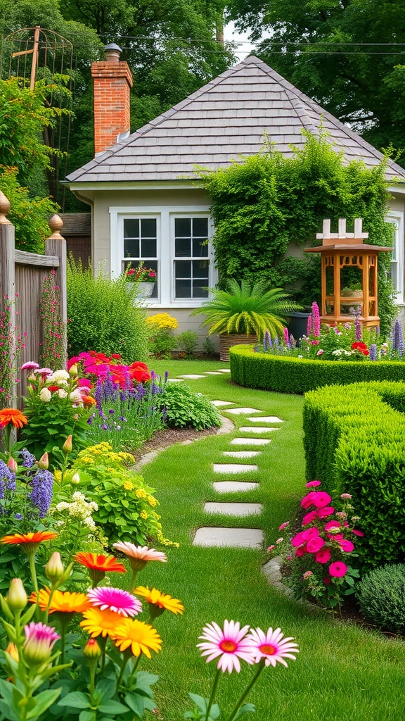 A small house with a gray roof surrounded by a lush, colorful garden featuring a variety of flowers and neatly trimmed hedges, with a stone path leading to the front door.