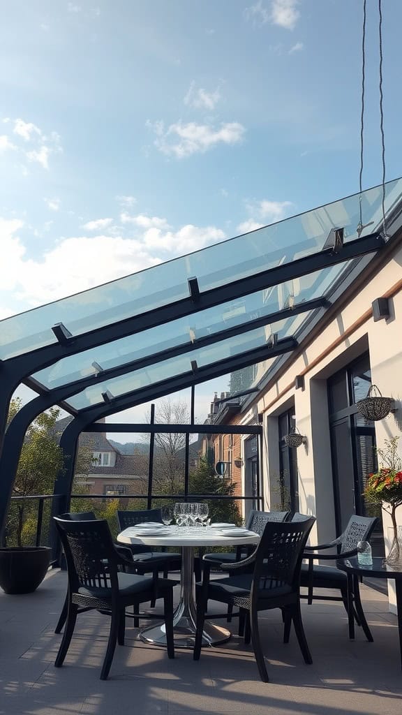 A glass-roofed patio with a round table set for dining, surrounded by chairs, under a clear blue sky.