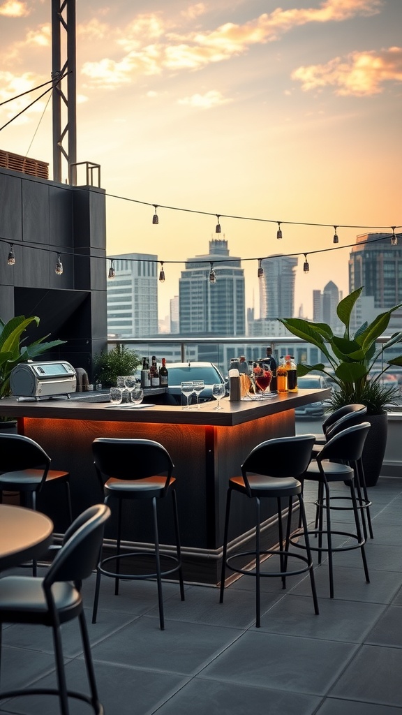A rooftop bar with stylish stools and ambient lighting, overlooking a cityscape at sunset, with skyscrapers in the background and string lights above the seating area.