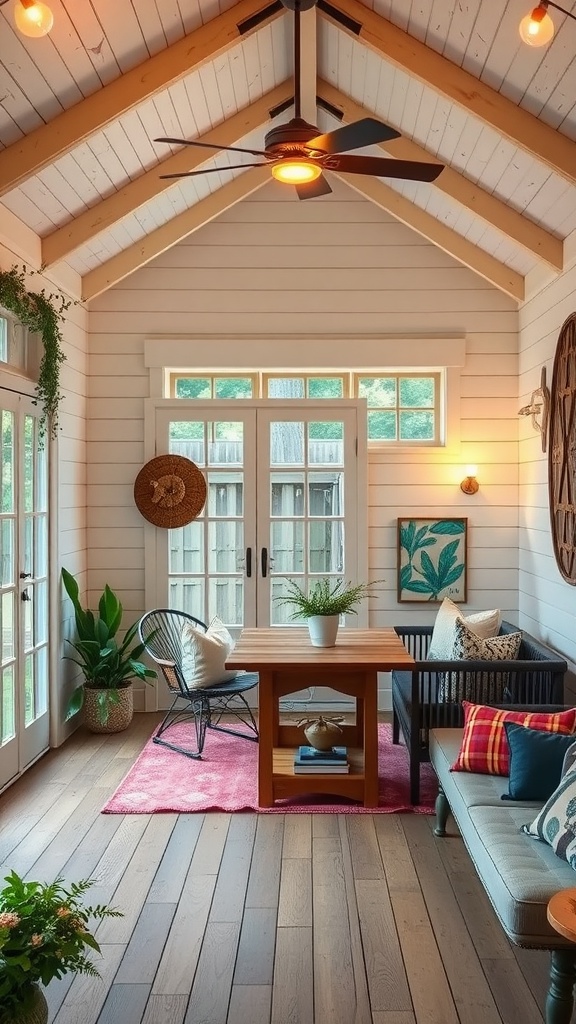 Cozy sunroom with slanted wooden ceiling, featuring white shiplap walls, a ceiling fan, a wooden table with a plant, wicker chair, sofa with patterned cushions, pink rug, and large windows letting in natural light.