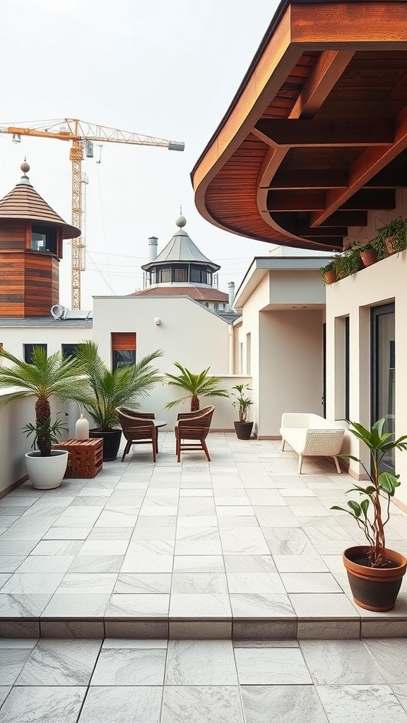 A modern terrace with white tiled flooring, featuring potted plants and patio furniture, including two chairs and a sofa. The terrace is bordered by buildings with wooden and white facades. A large construction crane is visible in the background, along with dome-shaped structures.