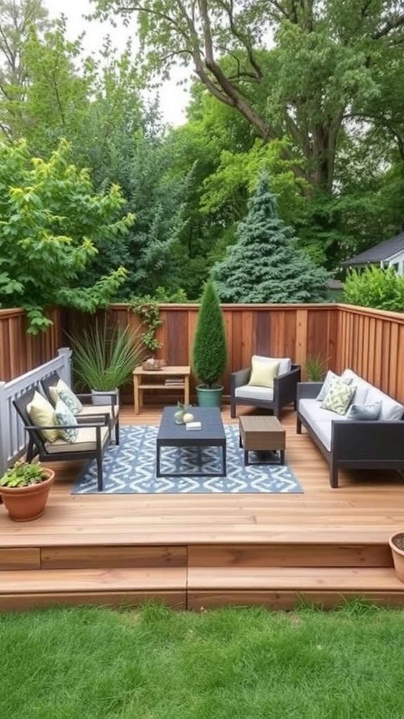 A wooden deck with outdoor furniture including a sofa, chairs, and a coffee table, surrounded by lush green trees and plants.