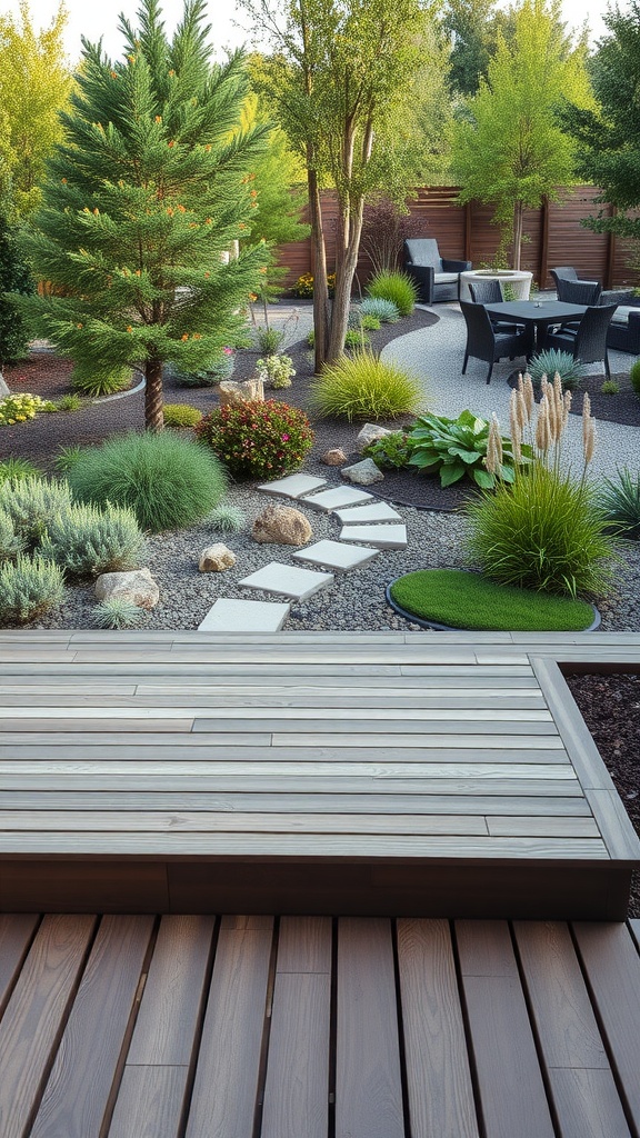 A modern garden with a wooden deck leading to a landscaped area featuring stepping stones, decorative plants, and a circular seating area with a table set, bordered by a wooden fence.