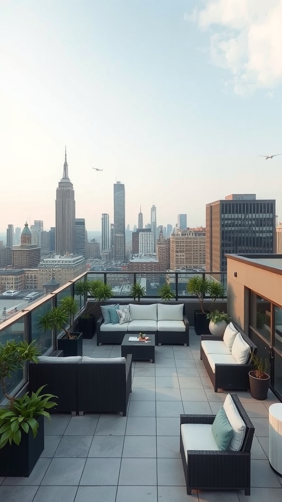A rooftop terrace with modern outdoor seating and potted plants, overlooking a city skyline with prominent skyscrapers.