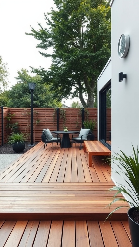 A modern outdoor wooden deck with a sleek design, featuring a table and two chairs, surrounded by potted plants and a wooden privacy fence. In the background, tall trees provide a natural backdrop.
