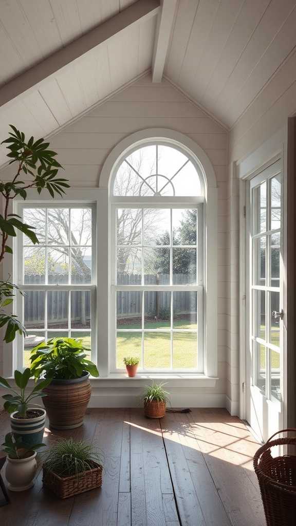 A bright, airy room with large arched windows, a wooden floor, and several potted plants on the floor, allowing natural light to illuminate the space.