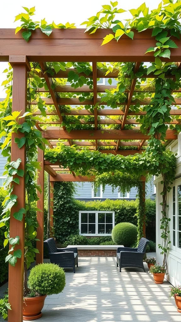 A wooden pergola in a patio is covered with lush green vines and plants, providing shade. Below, two wicker chairs and potted bushes create a cozy outdoor seating area. The background features a house with a window.