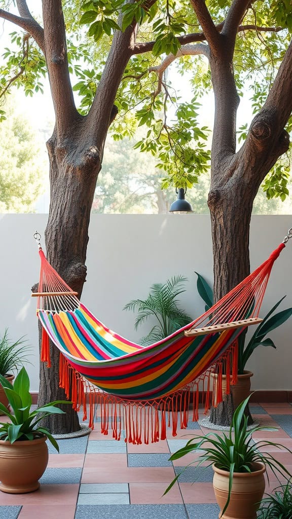 A colorful striped hammock is hanging between two trees in a sunny garden area, surrounded by potted plants on a tiled patio.