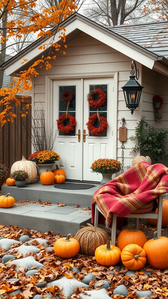 A cozy autumn scene featuring a small house's entrance decorated with orange wreaths on white doors, surrounded by pumpkins, autumn leaves, and chrysanthemum flowers. A chair draped with a red plaid blanket adds to the warm atmosphere, with a large lantern hanging nearby.
