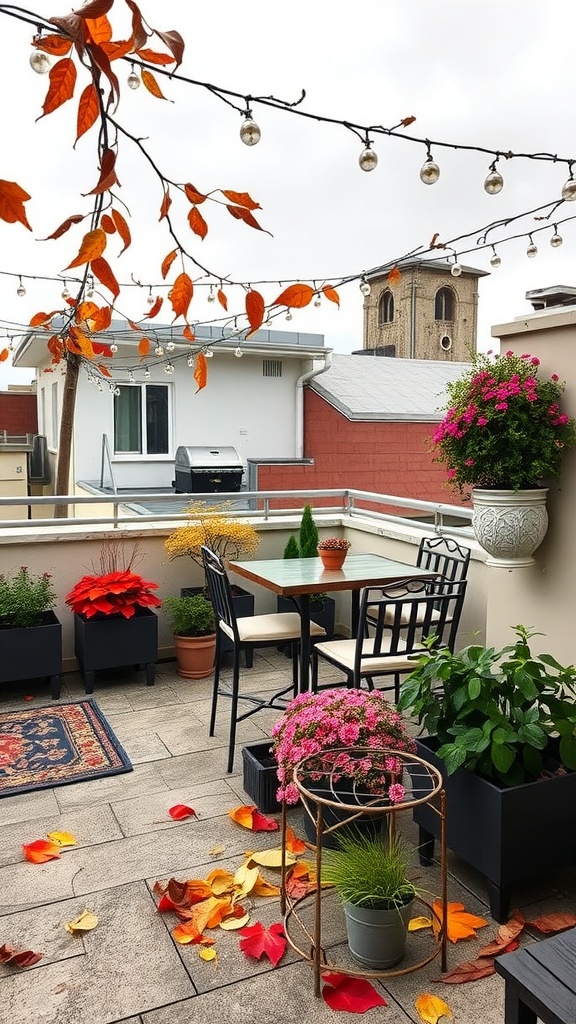 A decorated rooftop patio featuring a table with chairs, potted plants, and fall leaves scattered on the ground. String lights are hanging overhead, and there is a small tower visible in the background.