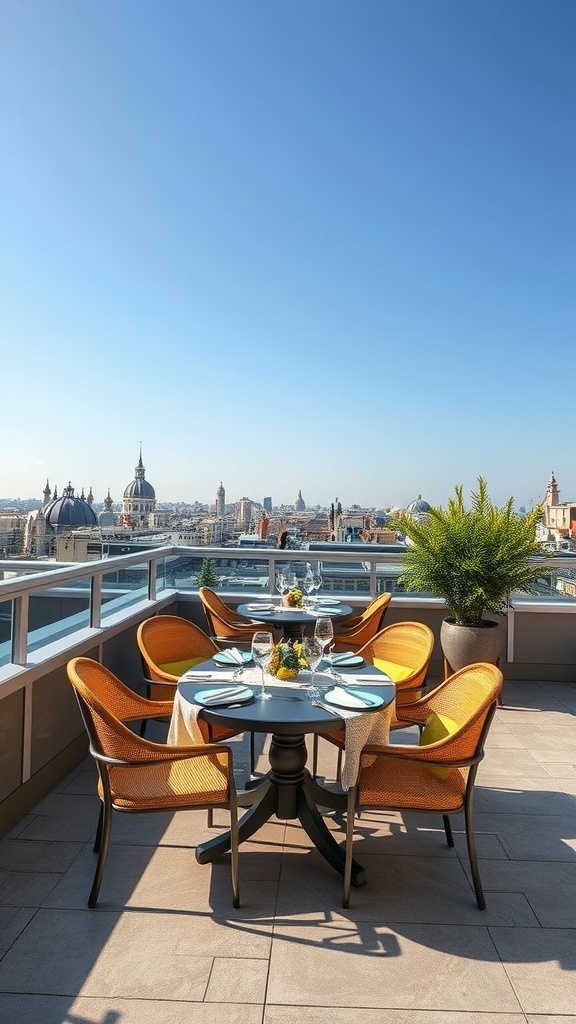 A rooftop dining area with a round table set for four, offering a cityscape view with architectural domes and clear blue sky.