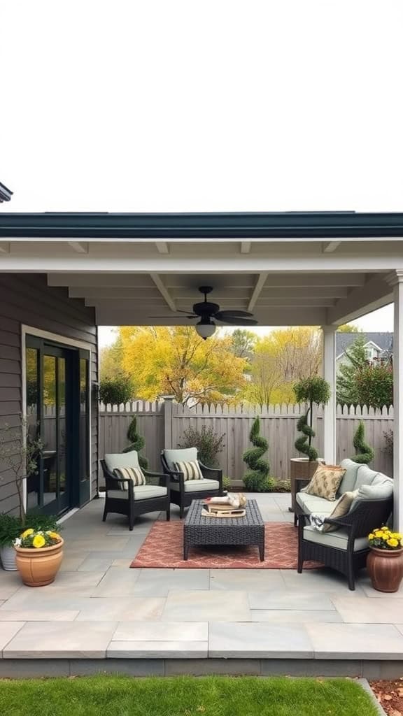 A cozy patio with wicker furniture, including cushioned chairs and a sofa arranged around a rectangular coffee table on a red outdoor rug, under a covered structure with a ceiling fan. The patio is bordered by a fenced yard with topiary plants and seasonal trees in the background.