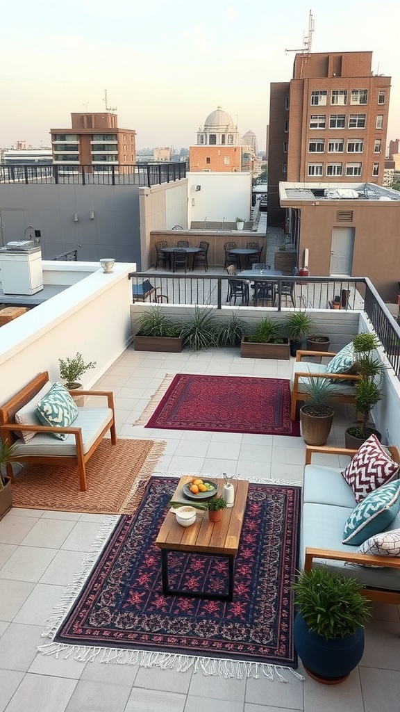 A rooftop terrace decorated with rugs and potted plants, featuring wooden furniture with cushions. The terrace overlooks a cityscape with various buildings and a dome structure in the background.