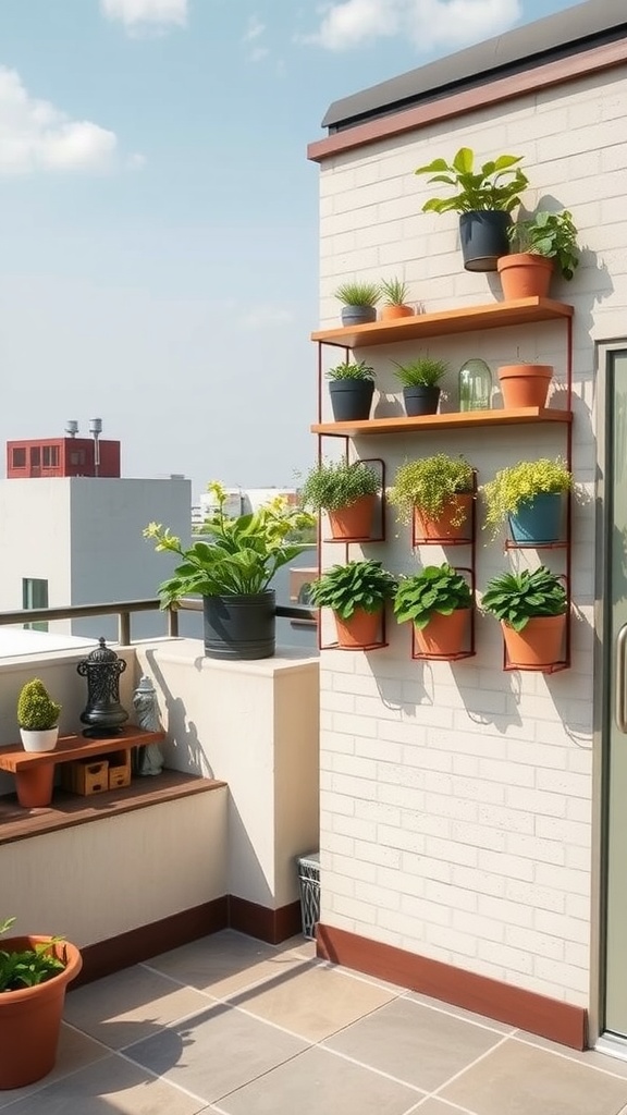 A small urban balcony decorated with a vertical garden; multiple potted plants are arranged on shelves attached to a brick wall, with additional planters on the railing and floor.