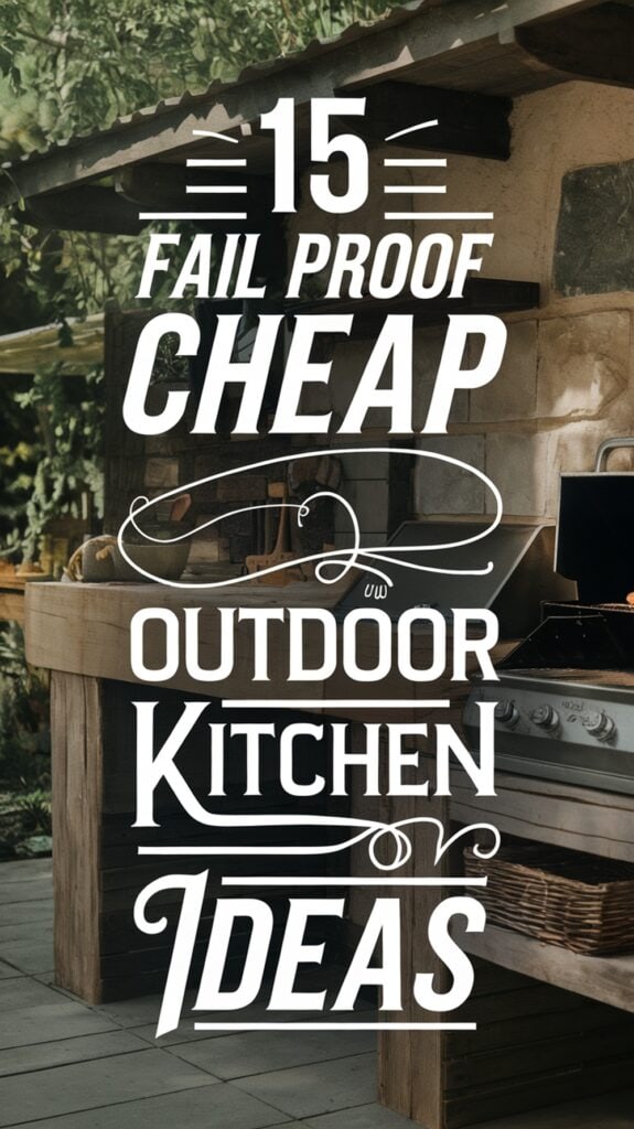 Text overlay on an outdoor kitchen scene, reading '15 Fail Proof Cheap Outdoor Kitchen Ideas' with a barbecue grill and counter visible in the background.
