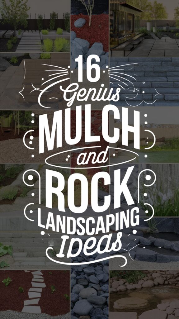 Collage of landscaping designs overlaid with the text '16 Genius Mulch and Rock Landscaping Ideas,' featuring stepping stones, mulch, and rock arrangements.