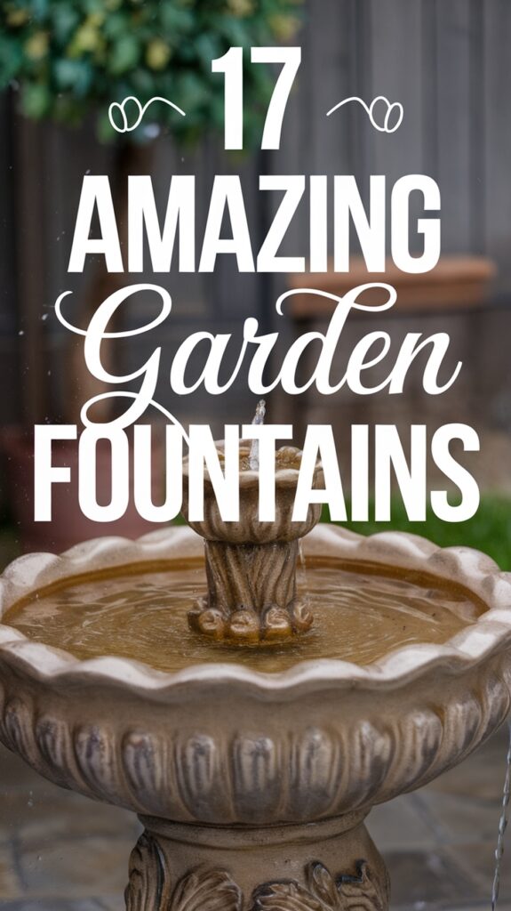 A garden fountain with water flowing, accompanied by the text '17 Amazing Garden Fountains' overlaying the image.