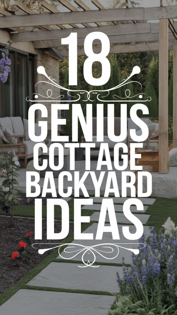 Text overlay on a garden scene reading "18 Genius Cottage Backyard Ideas," with a patio and wooden pergola in the background.