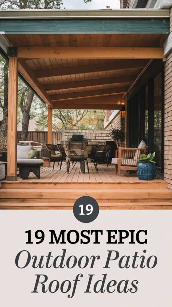 Covered outdoor patio with wooden deck and furniture, featuring a large roof overhead and surrounded by trees. Text overlay reads, "19 Most Epic Outdoor Patio Roof Ideas."