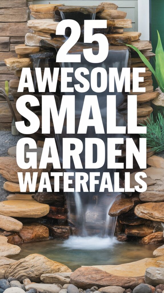 Background image of a small garden waterfall surrounded by rocks, with the text "25 Awesome Small Garden Waterfalls" overlaying the image in large, bold letters.