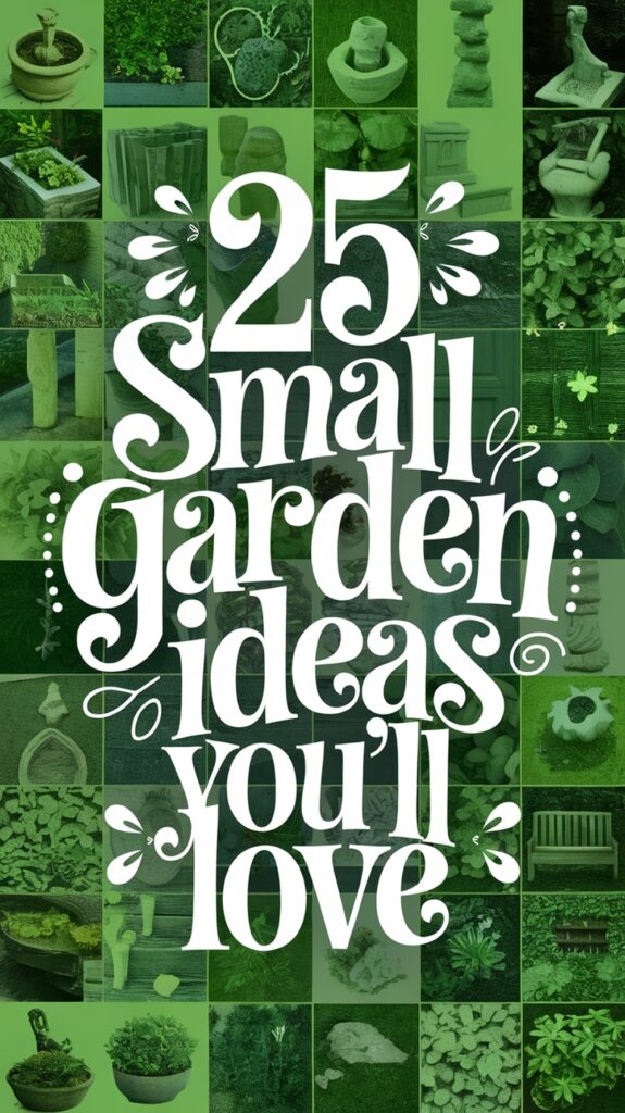A collage of various small garden features with a prominent central text reading "25 Small Garden Ideas You'll Love."