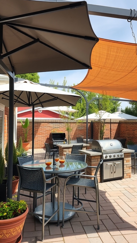 Outdoor patio with round table and chairs, shaded by umbrellas, featuring a brick tile floor and two stainless steel grills; potted plants add greenery to the space.