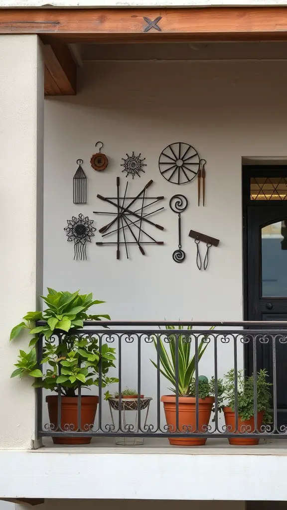 A small balcony with several potted plants lining the railing and ornamental metal wall art displayed on the white wall.