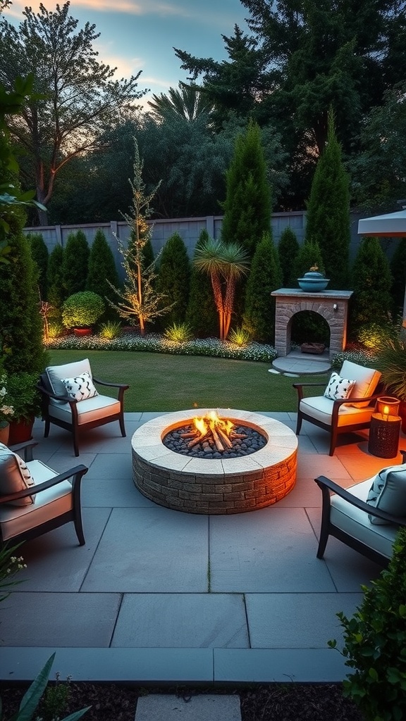 A cozy backyard patio featuring a round fire pit surrounded by four cushioned armchairs. The area is framed by neatly trimmed hedges and trees, with a small outdoor fireplace visible in the background. The setting is illuminated by soft lighting, creating a warm and inviting atmosphere at dusk.