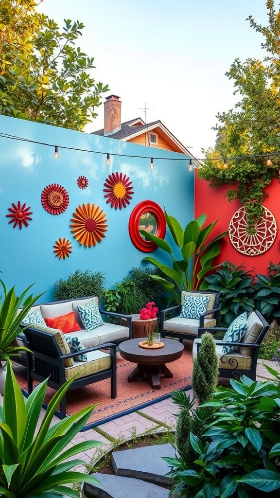 A vibrant outdoor patio with colorful walls adorned with decorative items. The patio features comfortable seating with cushions around a round table, surrounded by lush green plants and trees. String lights hang above, adding a cozy ambiance.