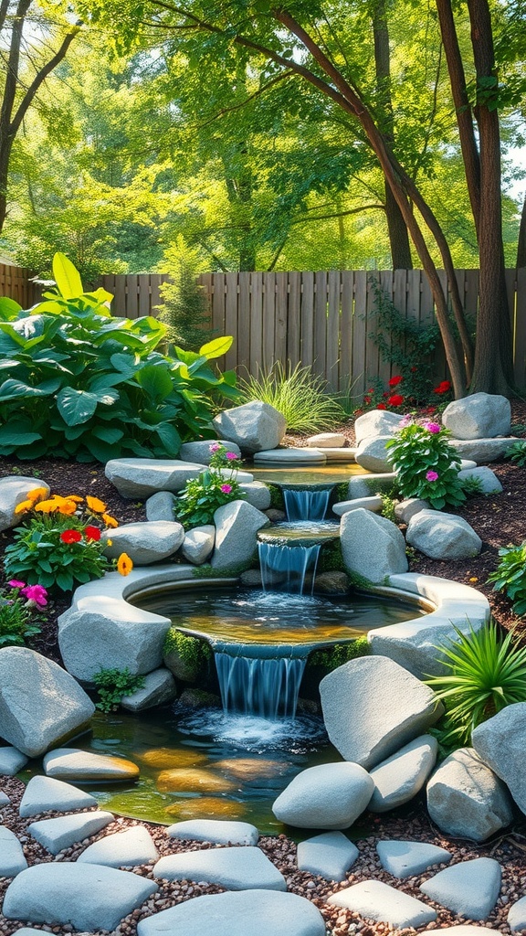 A serene garden scene featuring a small cascading waterfall surrounded by smooth rocks and vibrant flowers. Lush green foliage and trees are in the background, with sunlight filtering through the leaves, creating a tranquil atmosphere.