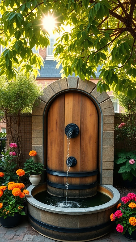 A decorative outdoor water fountain resembling a wooden wine barrel, surrounded by vibrant orange and pink flowers, with sunlight filtering through tree leaves above.