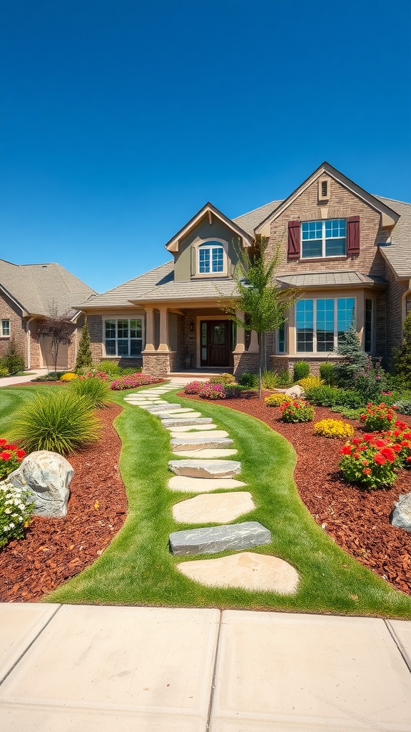 A picturesque suburban home with a stone pathway leading through a well-manicured lawn and vibrant flower garden under a clear blue sky.