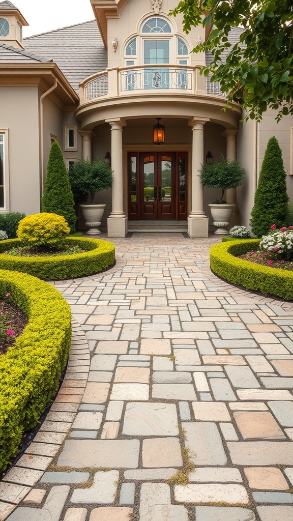 Elegant house entrance with a stone pathway, potted topiary plants, a curved balcony with decorative railings, and a wooden double door framed by tall, neatly trimmed hedges.