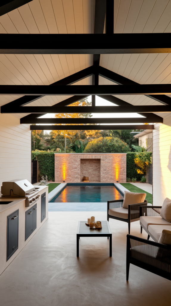Outdoor patio area with a grill, seating, and a coffee table, overlooking a swimming pool and a brick wall with lighting accents, surrounded by lush greenery at sunset.