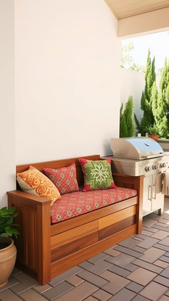 A patio area featuring a wooden bench with colorful cushions next to a stainless steel barbecue grill, surrounded by greenery and potted plants.