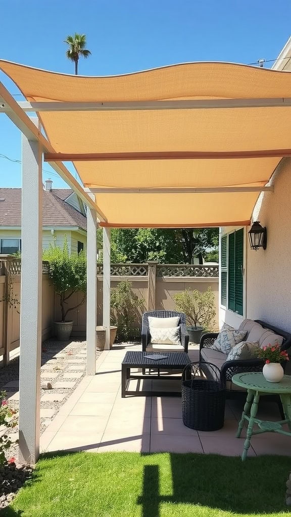 A backyard patio area with beige shade sails overhead, featuring a wicker couch with cushions, a small round green table, and a chair centered with a potted plant on it, all set on a tiled floor with grass nearby under a clear blue sky.