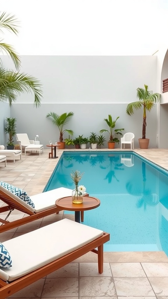 Modern outdoor pool area with lounge chairs, a small wooden table, potted plants, and a light-colored tiled floor.