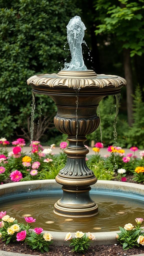 A decorative garden fountain with a tiered design is surrounded by colorful flowers in bloom.