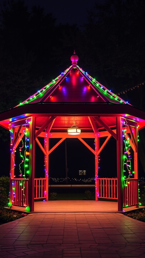 A gazebo decorated with colorful string lights at night, including red, green, and blue lights, illuminating the area with a festive glow.